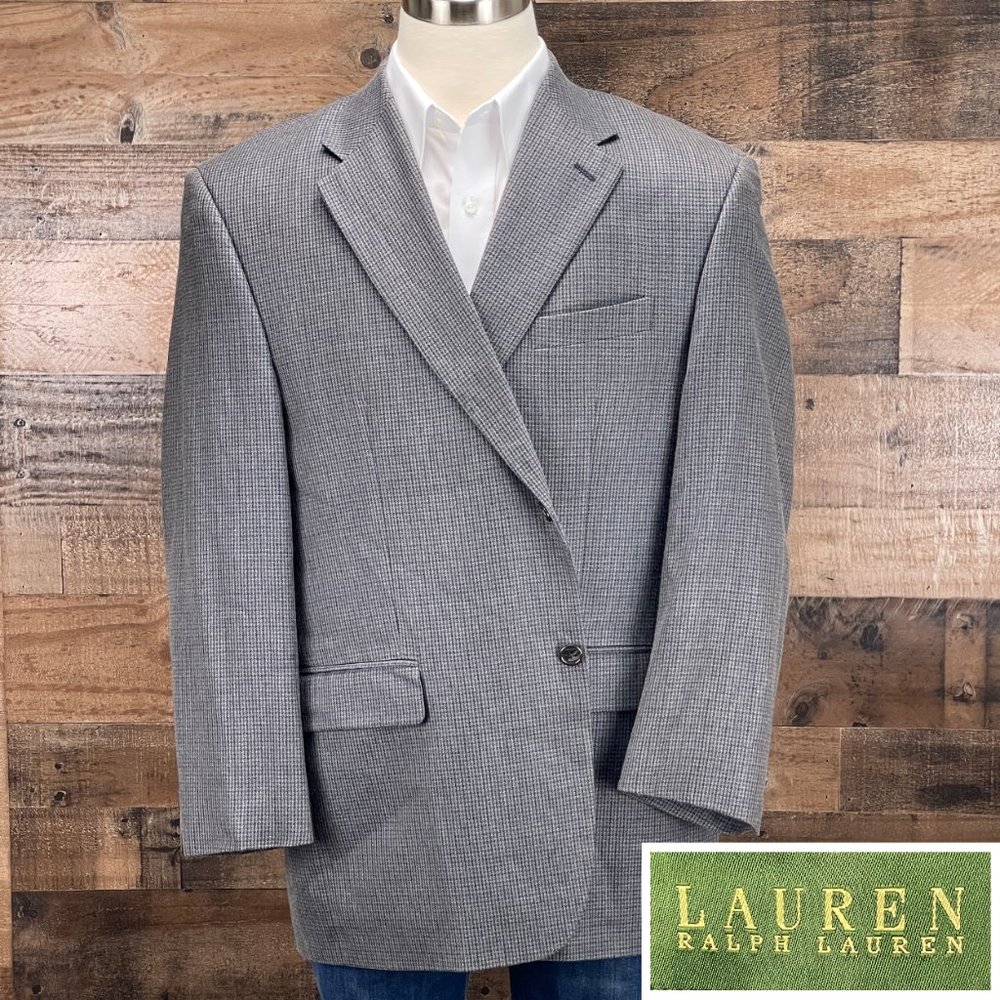 Ralph Lauren Sport Coat Mens 44R Gray Houndstooth Silk Wool Blazer Suit Jacket